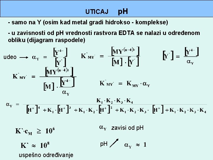 UTICAJ p. H - samo na Y (osim kad metal gradi hidrokso - komplekse) UTICAJ p. H - samo na Y (osim kad metal gradi hidrokso - komplekse)