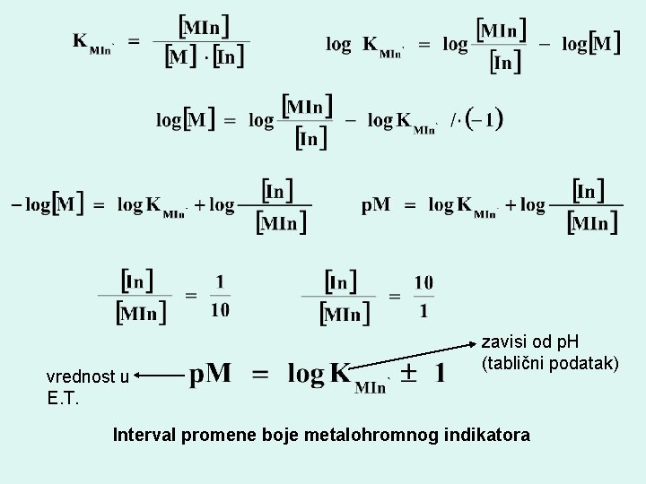 vrednost u E. T. zavisi od p. H (tablični podatak) Interval promene boje metalohromnog