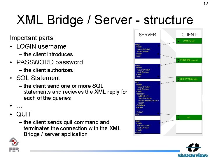 12 XML Bridge / Server - structure Important parts: • LOGIN username – the