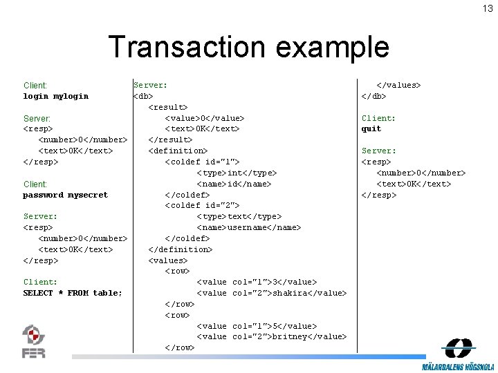 13 Transaction example Server: Client: login mylogin <db> <result> <value>0</value> Server: <resp> <text>OK</text> <number>0</number>
