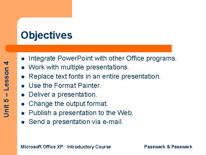 Unit 5 – Lesson 4 Objectives l l l l Integrate Power. Point with