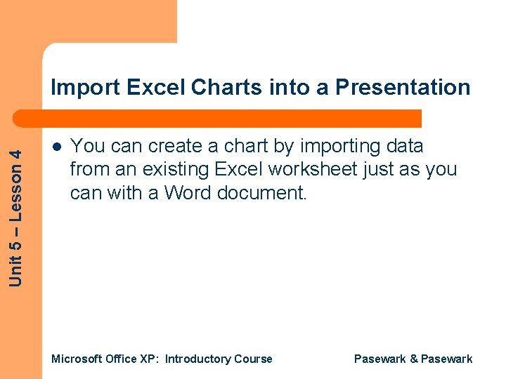 Unit 5 – Lesson 4 Import Excel Charts into a Presentation l You can