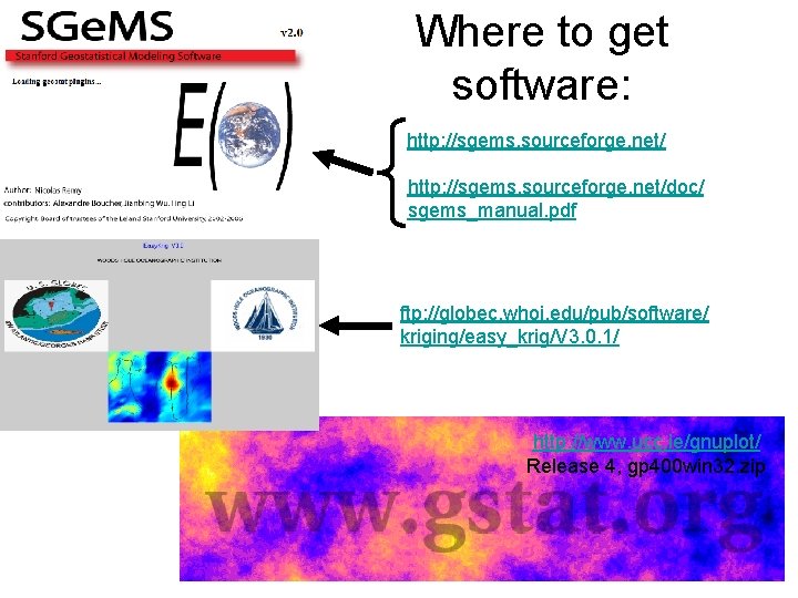 Where to get software: http: //sgems. sourceforge. net/doc/ sgems_manual. pdf ftp: //globec. whoi. edu/pub/software/