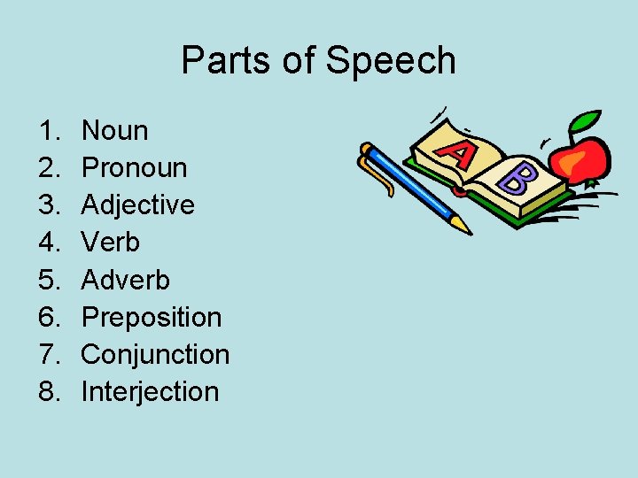 Parts of Speech 1. 2. 3. 4. 5. 6. 7. 8. Noun Pronoun Adjective