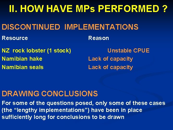 II. HOW HAVE MPs PERFORMED ? DISCONTINUED IMPLEMENTATIONS Resource Reason NZ rock lobster (1