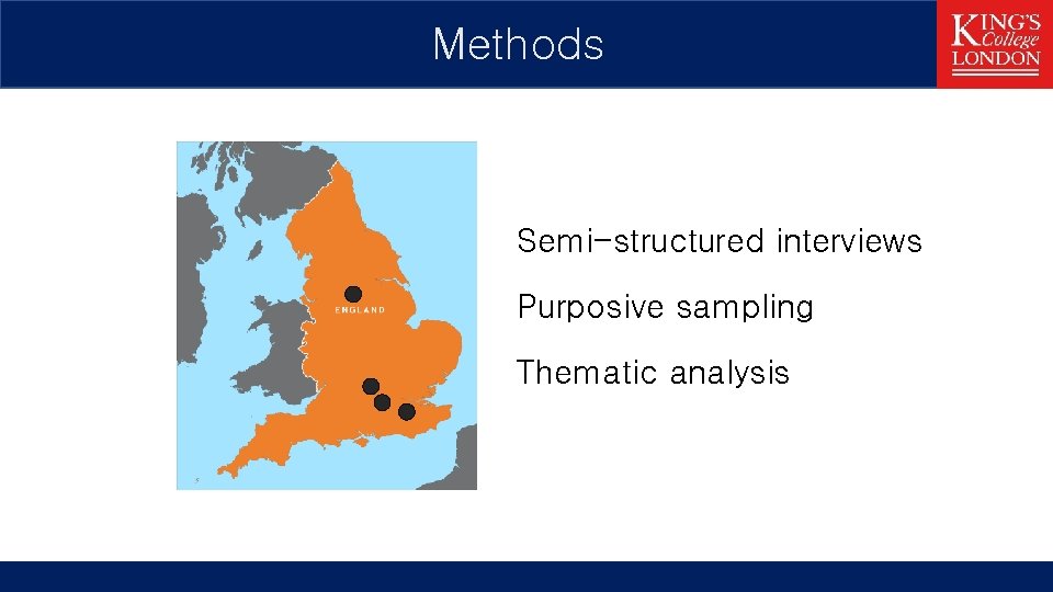 Methods Semi-structured interviews Purposive sampling Thematic analysis 