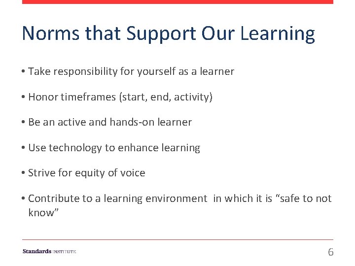 Norms that Support Our Learning • Take responsibility for yourself as a learner •