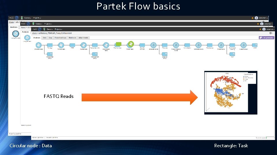 Partek Flow basics FASTQ Reads Circular node : Data Rectangle: Task 