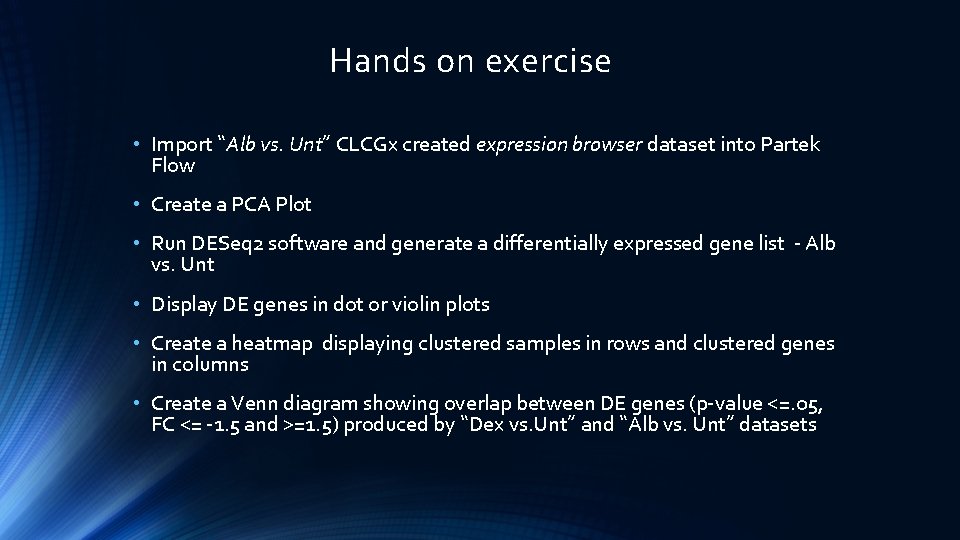 Hands on exercise • Import “Alb vs. Unt” CLCGx created expression browser dataset into