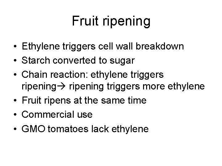 Fruit ripening • Ethylene triggers cell wall breakdown • Starch converted to sugar •