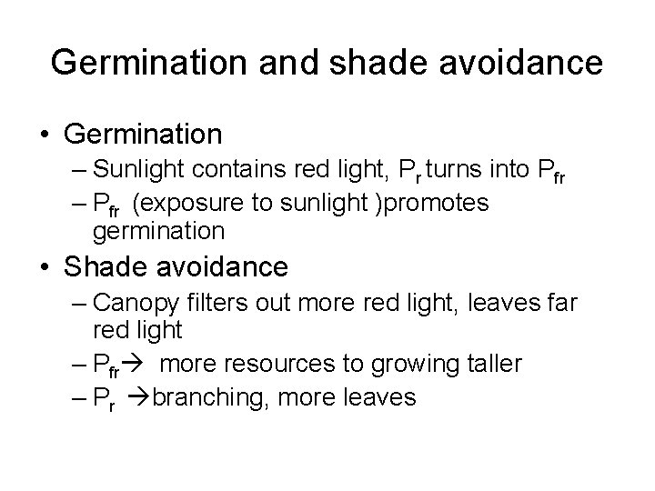 Germination and shade avoidance • Germination – Sunlight contains red light, Pr turns into