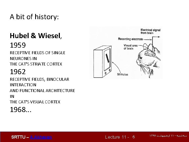 A bit of history: Hubel & Wiesel, 1959 RECEPTIVE FIELDS OF SINGLE NEURONES IN