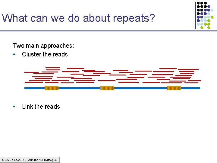 What can we do about repeats? Two main approaches: • Cluster the reads •