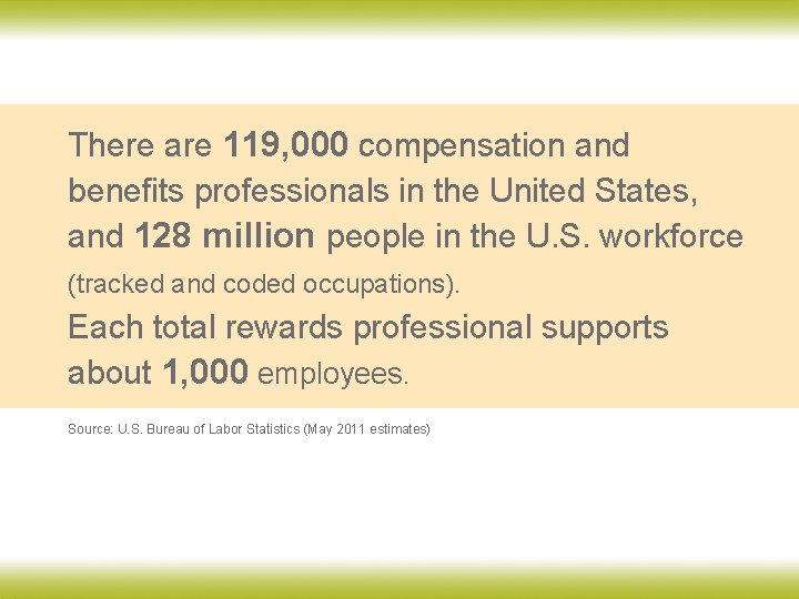 There are 119, 000 compensation and benefits professionals in the United States, and 128 There are 119, 000 compensation and benefits professionals in the United States, and 128