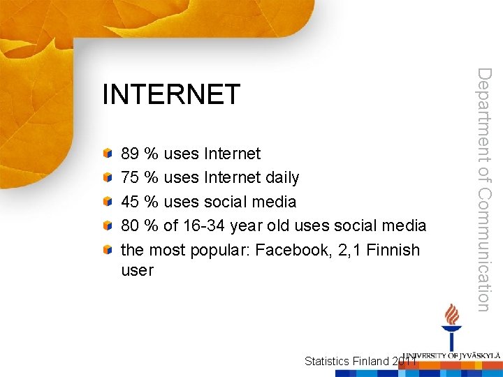 89 % uses Internet 75 % uses Internet daily 45 % uses social media