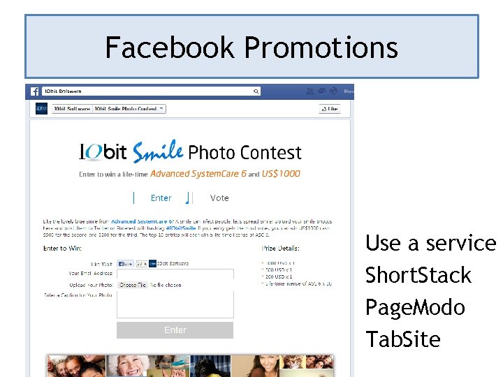 Facebook Promotions Use a service Short. Stack Page. Modo Tab. Site 