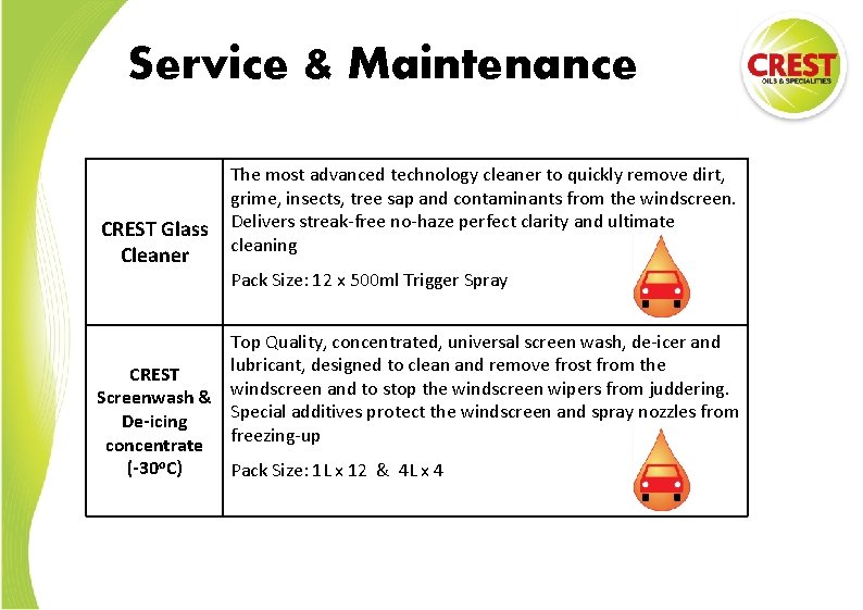 Service & Maintenance CREST Glass Cleaner The most advanced technology cleaner to quickly remove