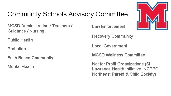 Community Schools Advisory Committee MCSD Administration / Teachers / Guidance / Nursing Public Health