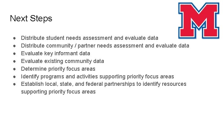 Next Steps ● ● ● ● Distribute student needs assessment and evaluate data Distribute