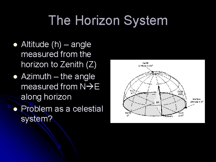 The Horizon System l l l Altitude (h) – angle measured from the horizon