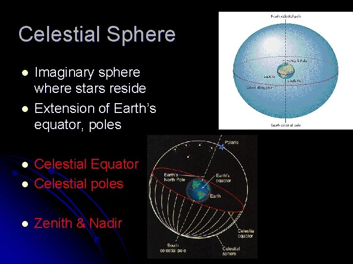 Celestial Sphere l l Imaginary sphere where stars reside Extension of Earth’s equator, poles