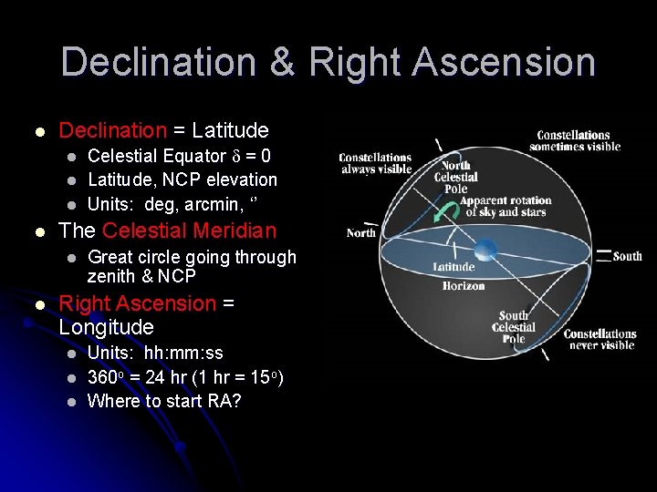 Declination & Right Ascension l Declination = Latitude l l The Celestial Meridian l