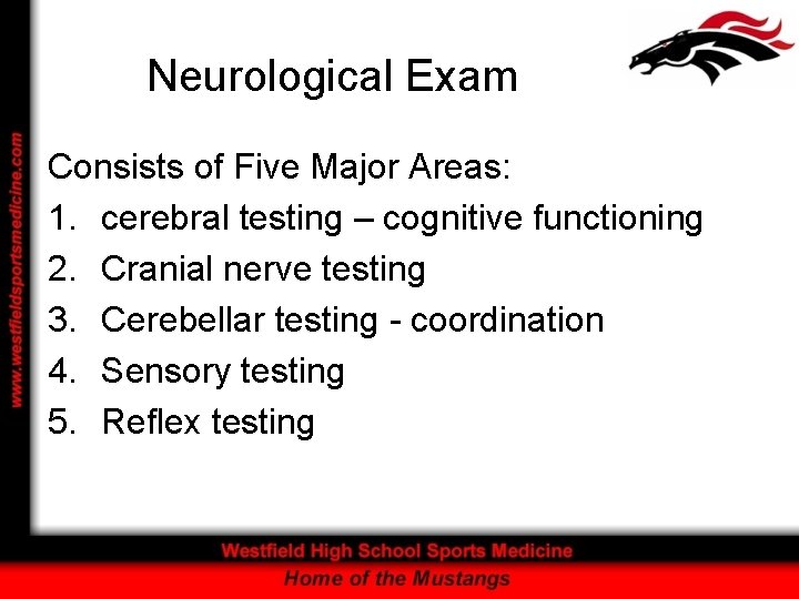 Neurological Exam Consists of Five Major Areas: 1. cerebral testing – cognitive functioning 2.