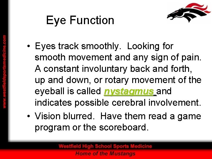 Eye Function • Eyes track smoothly. Looking for smooth movement and any sign of