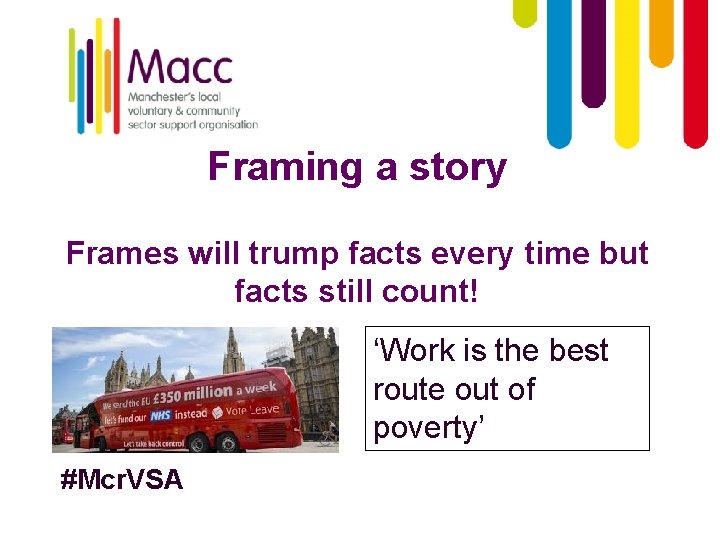 Framing a story Frames will trump facts every time but facts still count! ‘Work