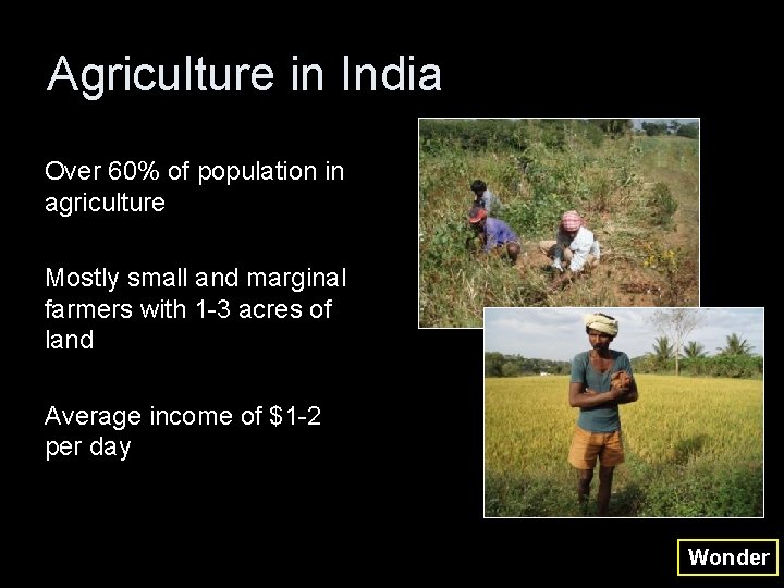 Agriculture in India Over 60% of population in agriculture Mostly small and marginal farmers