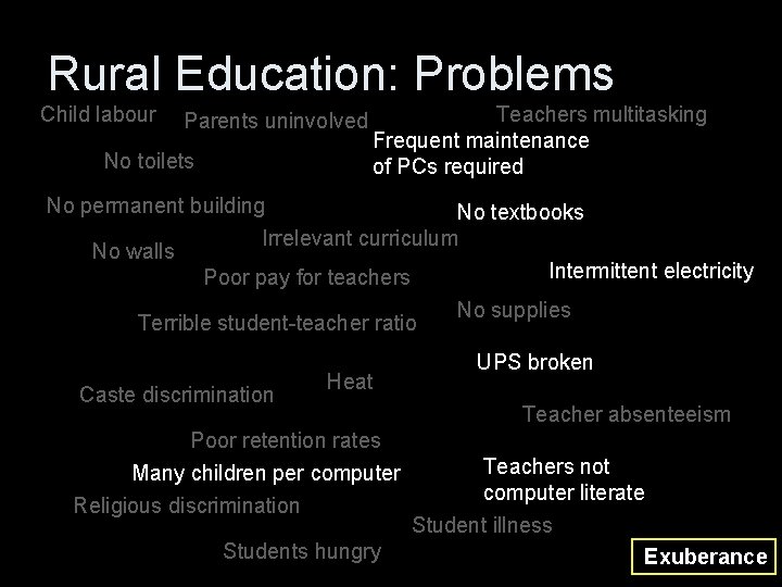 Rural Education: Problems Child labour Parents uninvolved No toilets Teachers multitasking Frequent maintenance of