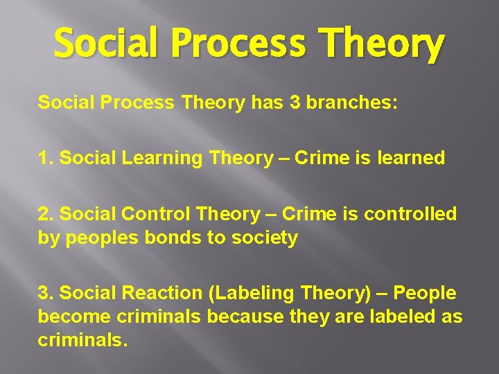 Social Process Theory has 3 branches: 1. Social Learning Theory – Crime is learned Social Process Theory has 3 branches: 1. Social Learning Theory – Crime is learned