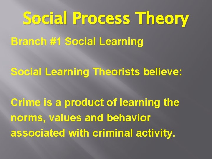 Social Process Theory Branch #1 Social Learning Theorists believe: Crime is a product of Social Process Theory Branch #1 Social Learning Theorists believe: Crime is a product of