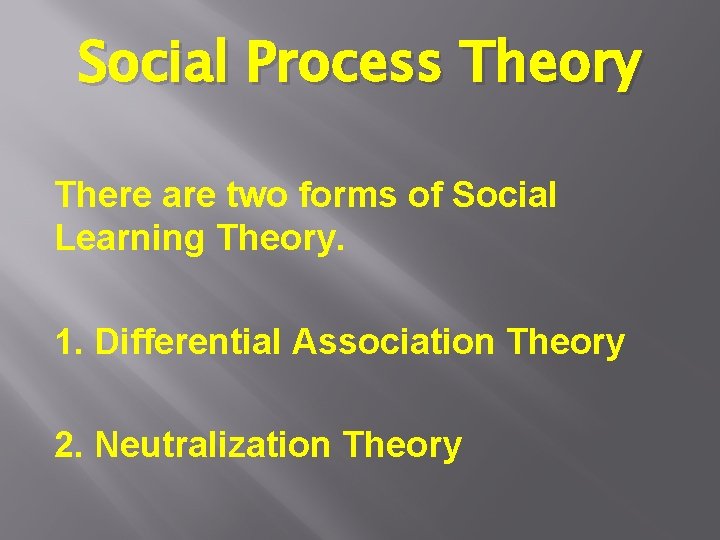 Social Process Theory There are two forms of Social Learning Theory. 1. Differential Association Social Process Theory There are two forms of Social Learning Theory. 1. Differential Association