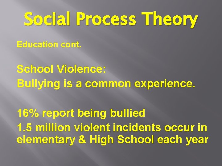 Social Process Theory Education cont. School Violence: Bullying is a common experience. 16% report Social Process Theory Education cont. School Violence: Bullying is a common experience. 16% report