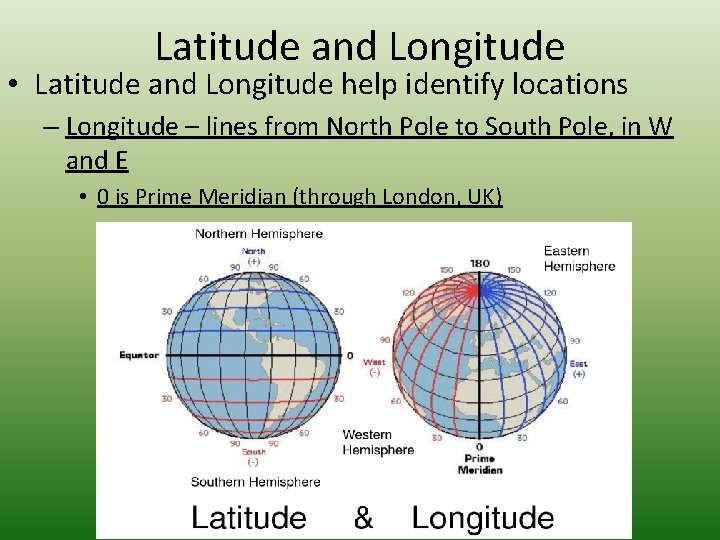 Latitude and Longitude • Latitude and Longitude help identify locations – Longitude – lines
