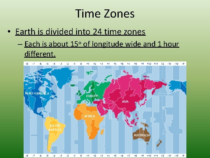 Time Zones • Earth is divided into 24 time zones – Each is about
