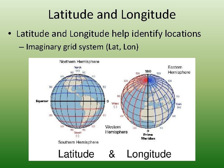 Latitude and Longitude • Latitude and Longitude help identify locations – Imaginary grid system