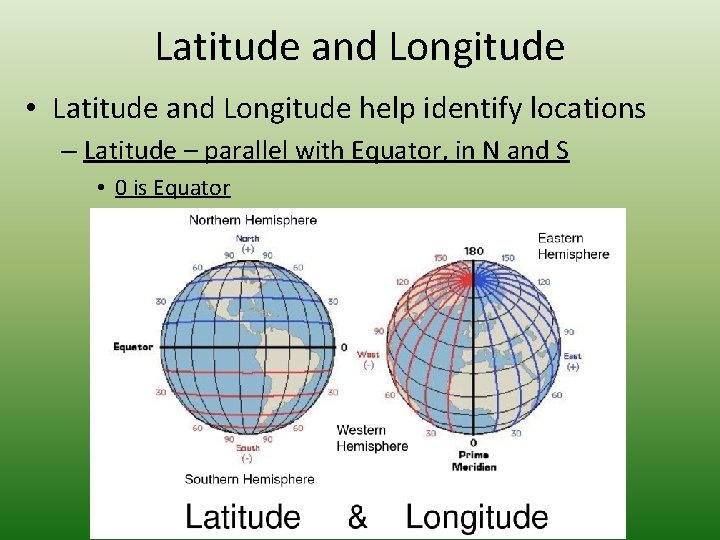 Latitude and Longitude • Latitude and Longitude help identify locations – Latitude – parallel