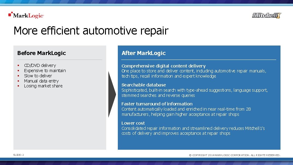 More efficient automotive repair Before Mark. Logic § § § CD/DVD delivery Expensive to