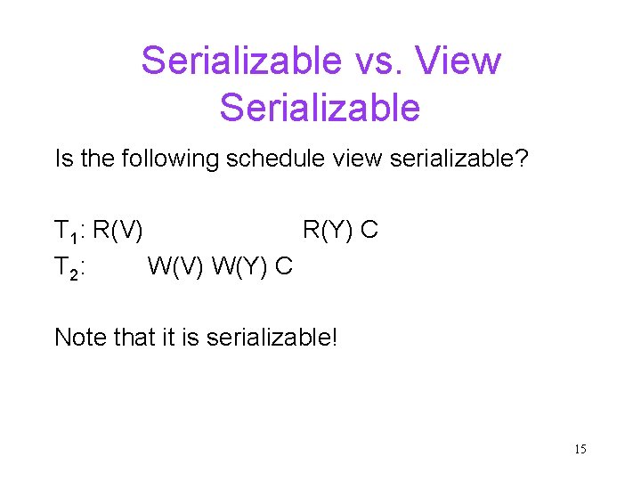 Serializable vs. View Serializable Is the following schedule view serializable? T 1: R(V) R(Y)