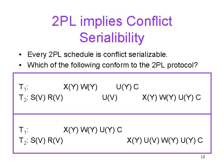 2 PL implies Conflict Serialibility • Every 2 PL schedule is conflict serializable. •