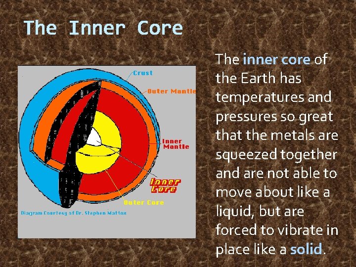 The Inner Core The inner core of the Earth has temperatures and pressures so