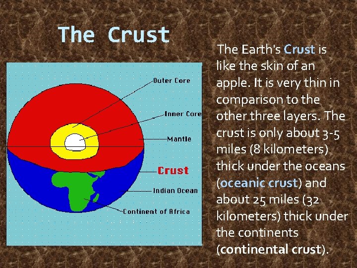The Crust The Earth's Crust is like the skin of an apple. It is
