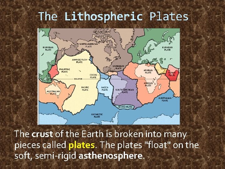 The Lithospheric Plates The crust of the Earth is broken into many pieces called