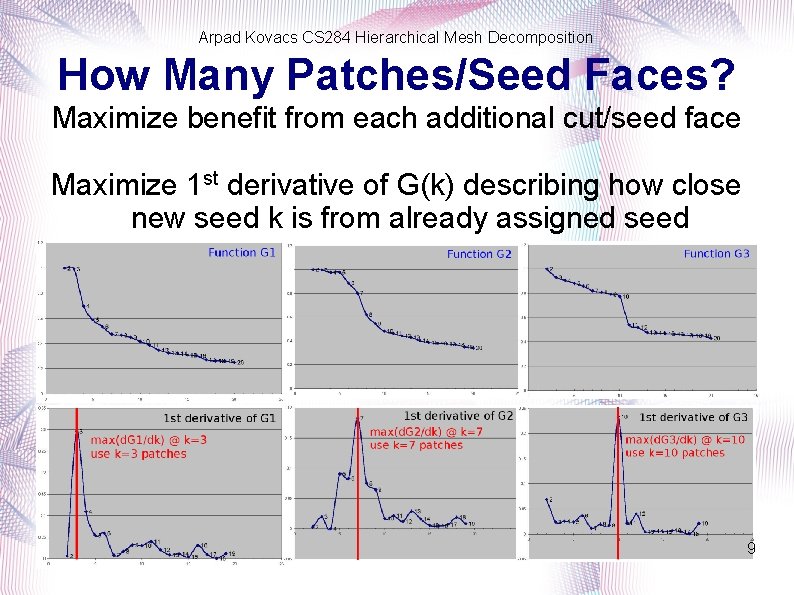 Arpad Kovacs CS 284 Hierarchical Mesh Decomposition How Many Patches/Seed Faces? Maximize benefit from