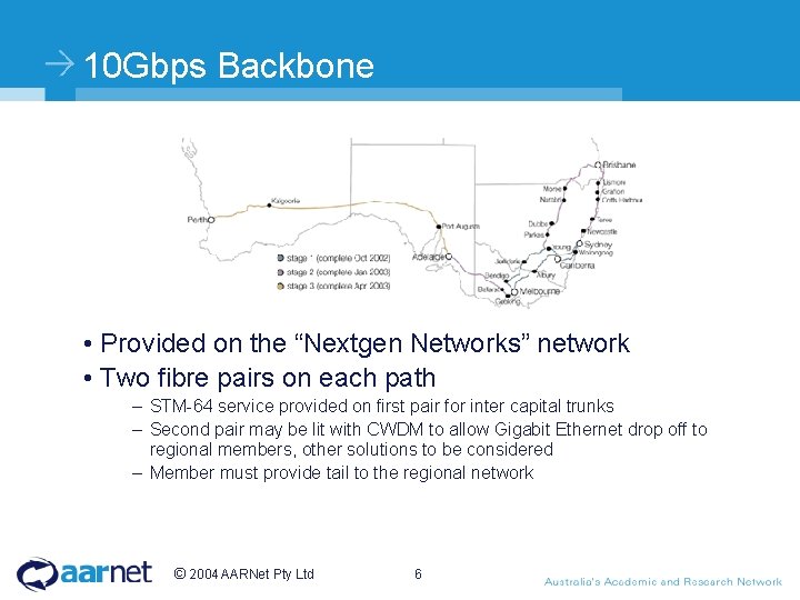 10 Gbps Backbone • Provided on the “Nextgen Networks” network • Two fibre pairs