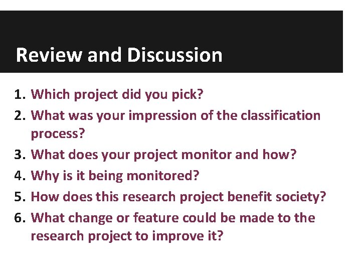 Review and Discussion 1. Which project did you pick? 2. What was your impression