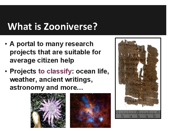 What is Zooniverse? • A portal to many research projects that are suitable for