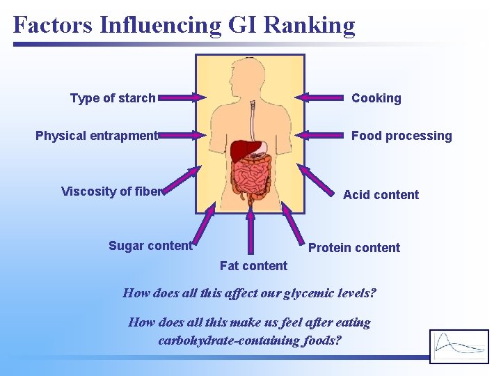 Factors Influencing GI Ranking Type of starch Cooking Food processing Physical entrapment Viscosity of